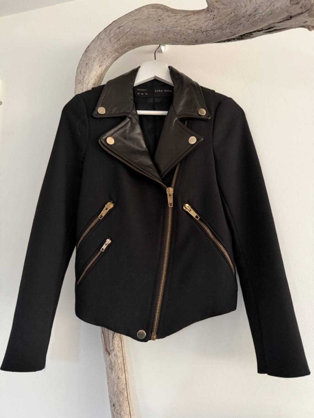Zara Black Wool Biker Jacket with leather collar